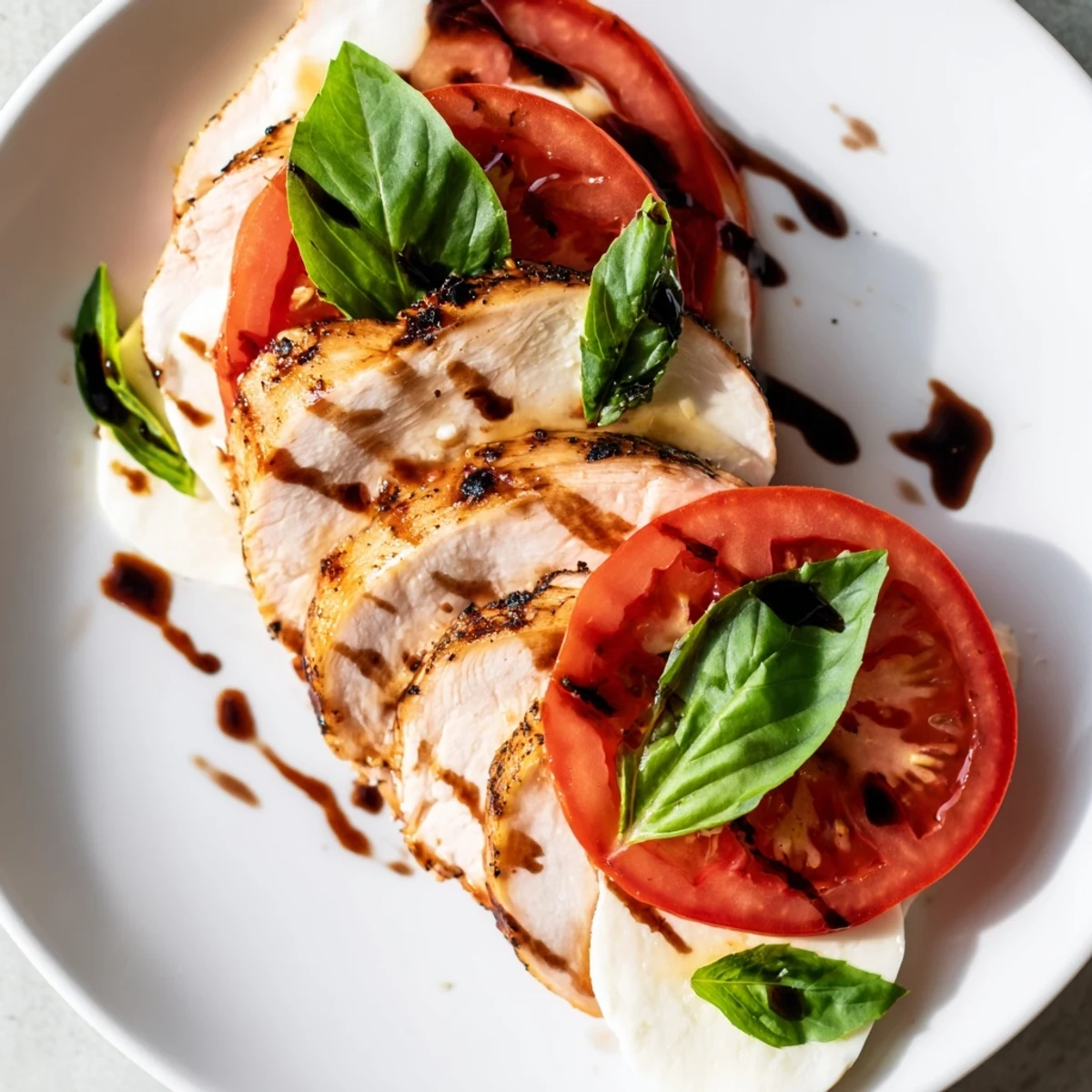 A platter of Chicken Caprese Salad showcases slices of grilled chicken, basil leaves, and balsamic drizzle, perfect for a healthy dinner.