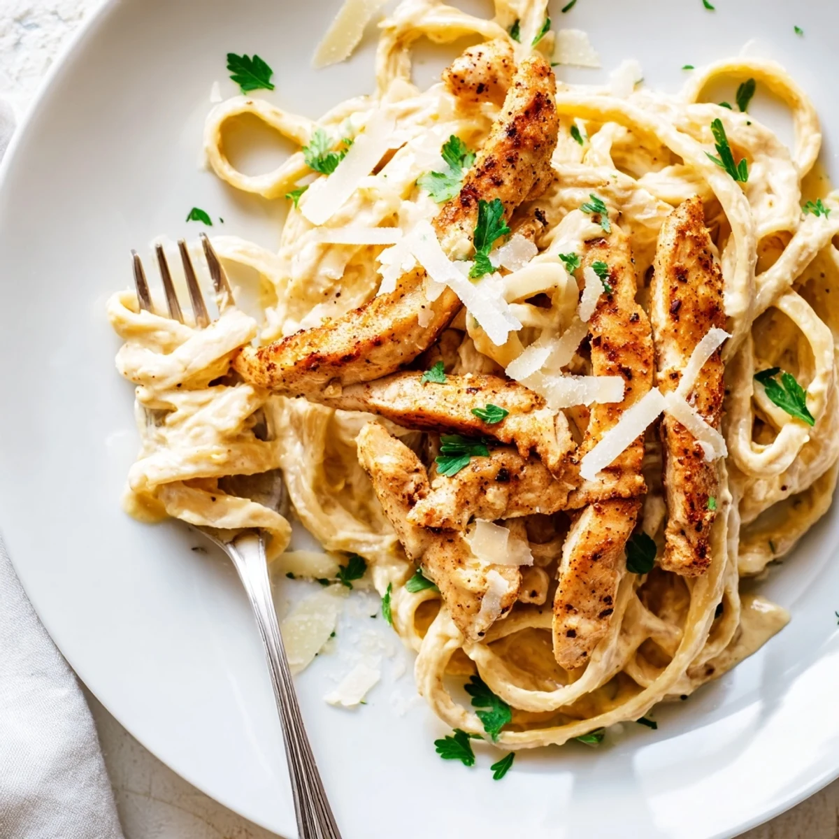 Creamy Cajun Chicken Alfredo with tender, spice-rubbed chicken slices tossed in silky Parmesan sauce over fettuccine.  