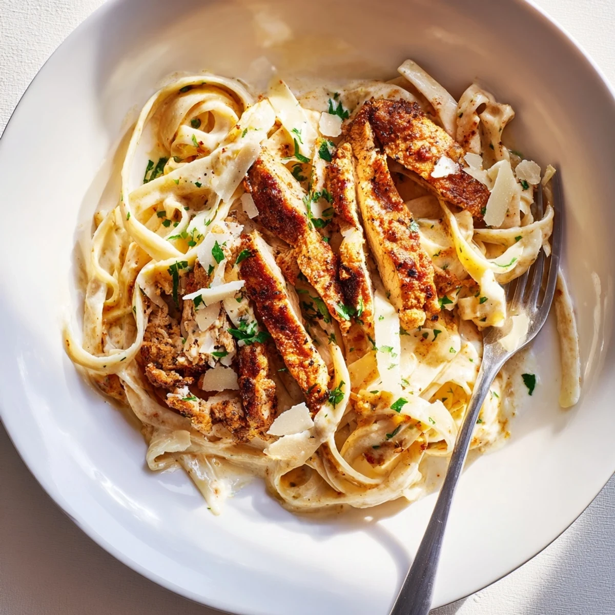 Sizzling Cajun Chicken Alfredo plated with fresh parsley garnish, ready to serve alongside a crisp salad.  