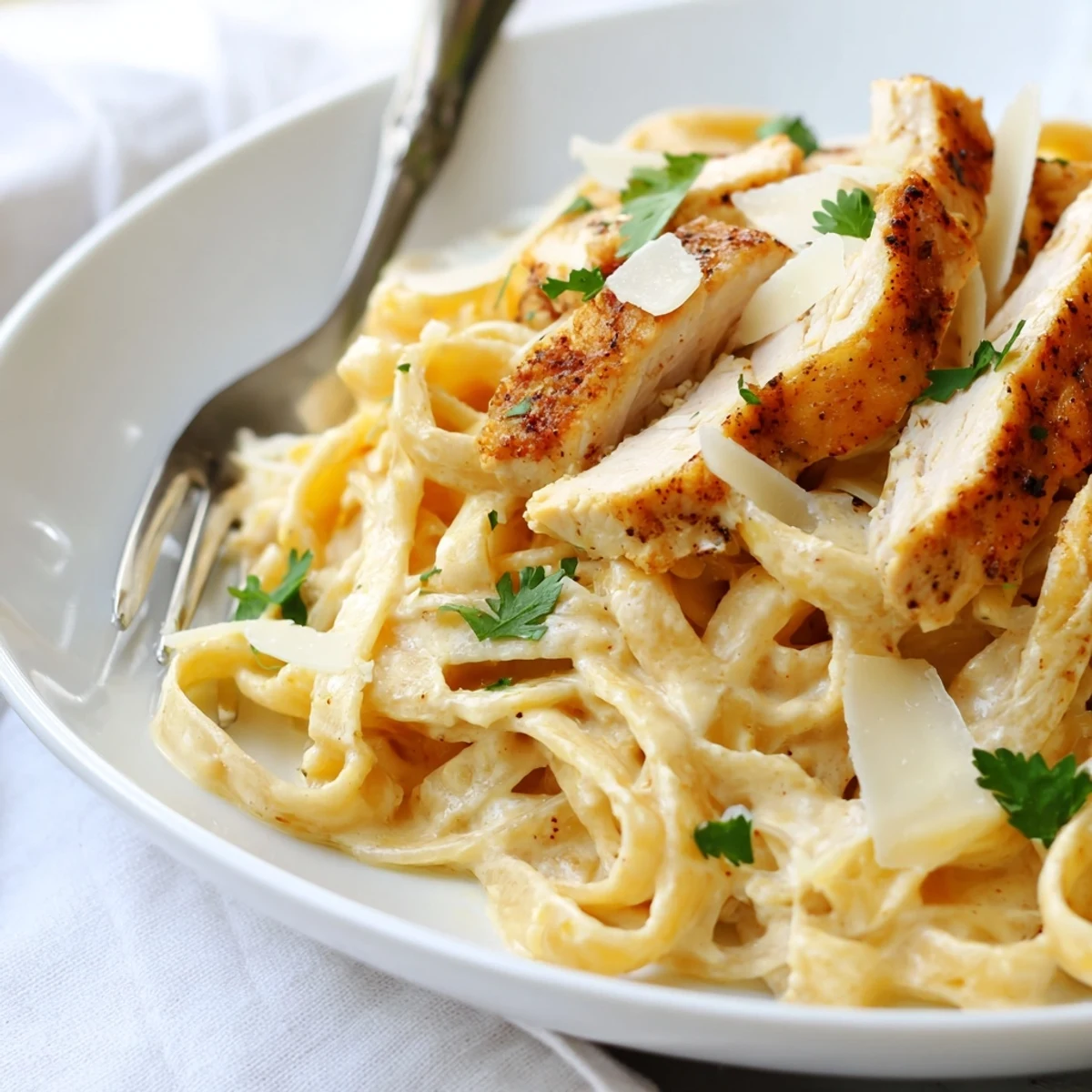 A close-up of Cajun Chicken Alfredo showing golden-seared chicken and creamy sauce clinging to perfectly cooked pasta.