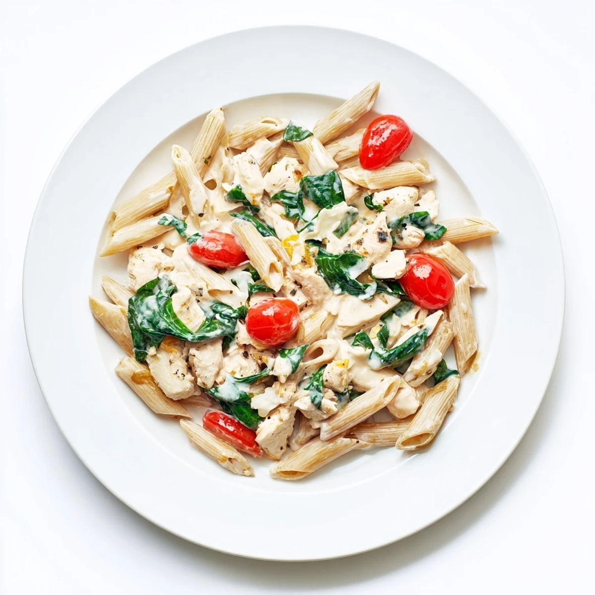 A close-up of a forkful of Greek Yogurt Chicken Pasta, featuring tender chicken, penne, and a luscious, creamy yogurt Parmesan sauce.