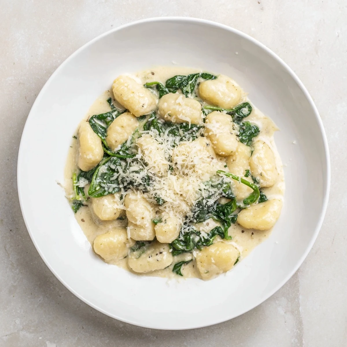 Creamy Garlic Gnocchi twirls in a rich garlic Parmesan sauce, with wilted spinach leaves clinging to each pillowy potato dumpling.