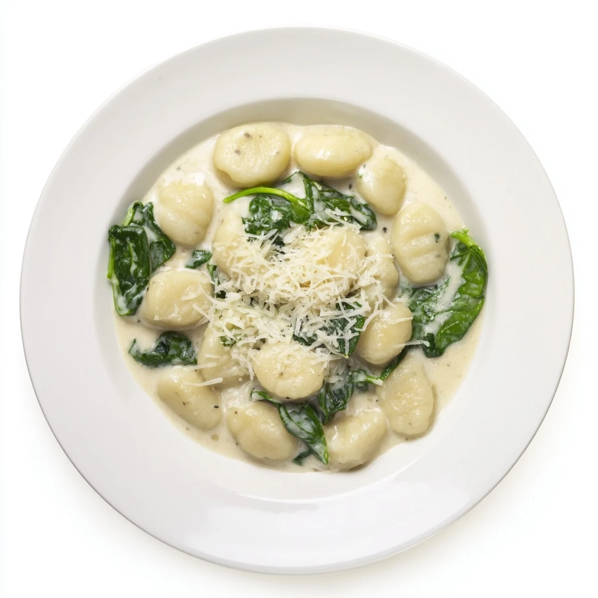 A steaming skillet of Creamy Garlic Gnocchi features golden-brown dumplings and fresh spinach, ready to be served with extra grated Parmesan.