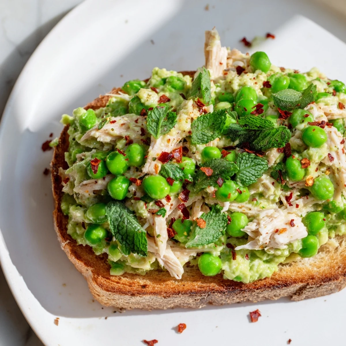 A vibrant Smashed Pea & Chicken Toast with fresh herbs and feta, served on a rustic plate.