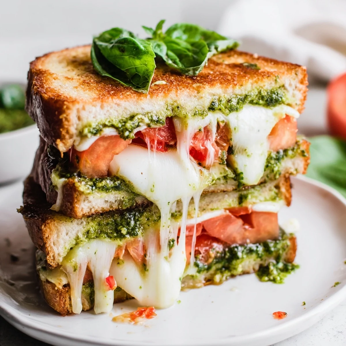 A close-up of a Caprese Pesto Grilled Cheese sandwich, its toasted bread revealing gooey mozzarella and juicy tomato slices.