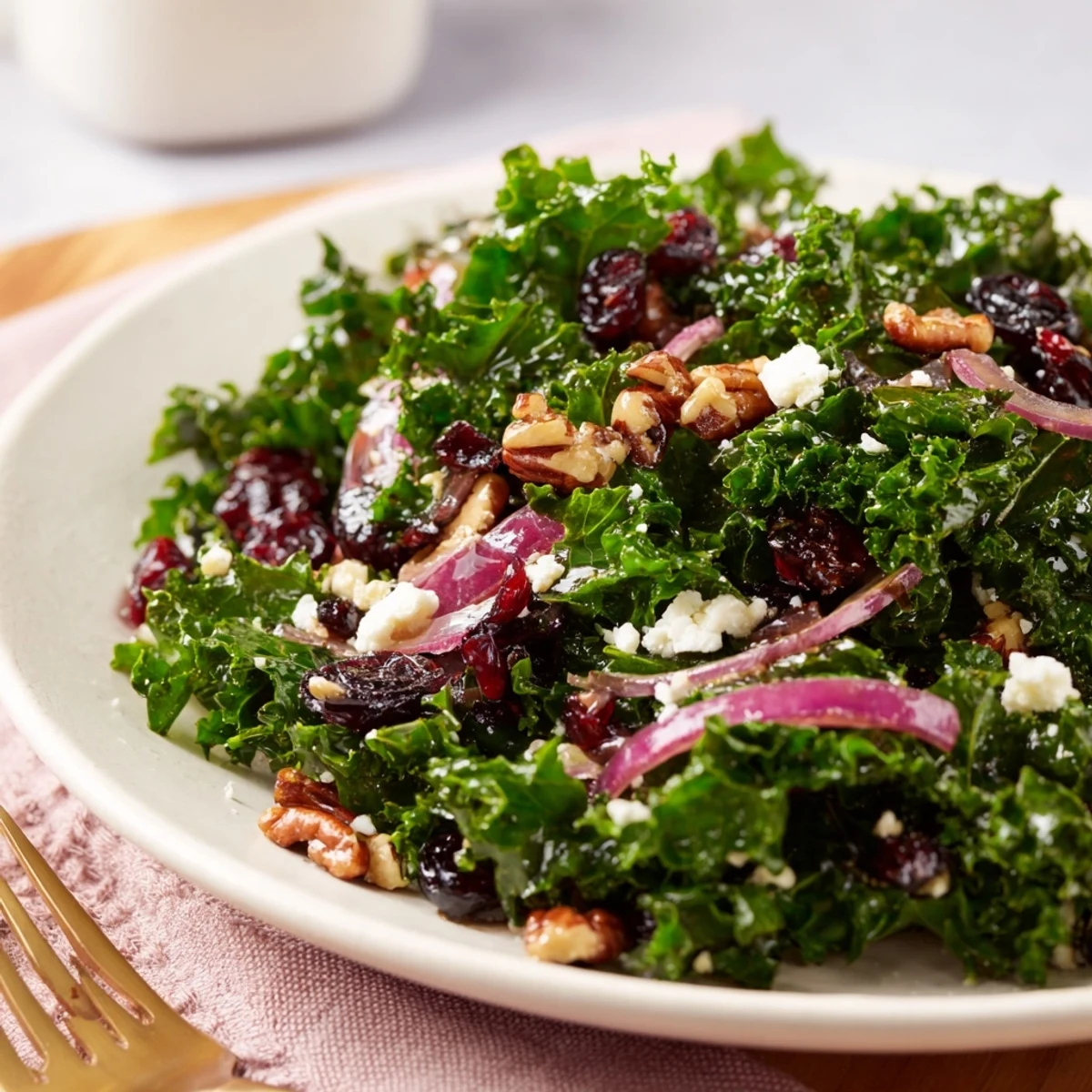 Vibrant Warm Kale Salad With Maple Mustard Dressing, perfect savory-sweet side dish.