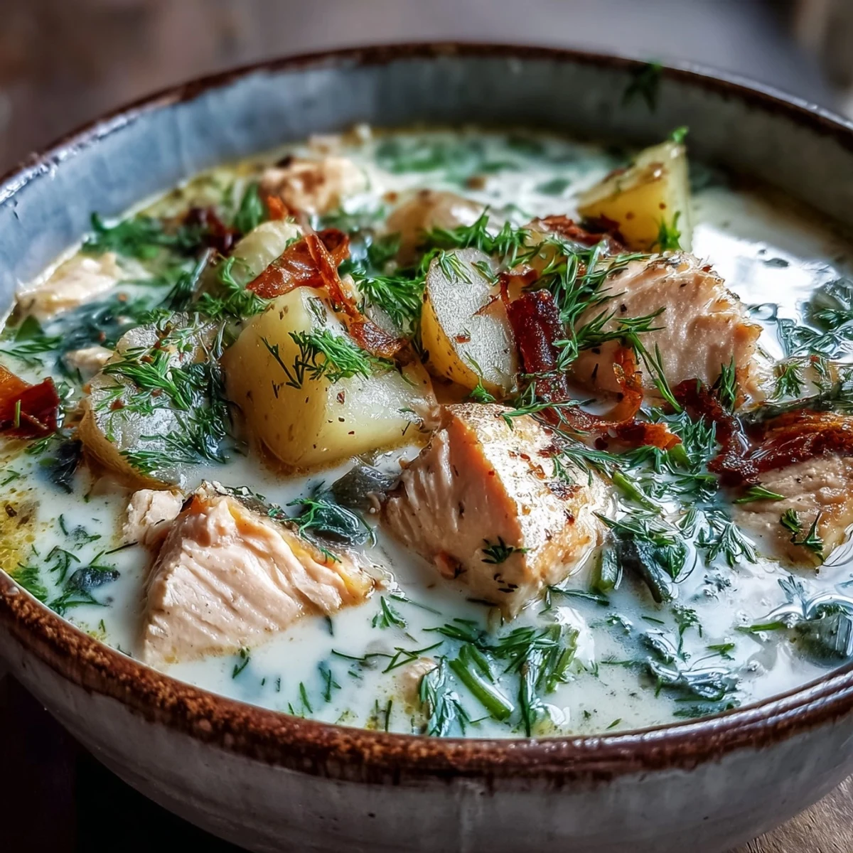 Hearty Finnish Salmon Soup served steaming hot, featuring flaky fish, carrots, and leeks in a creamy broth.