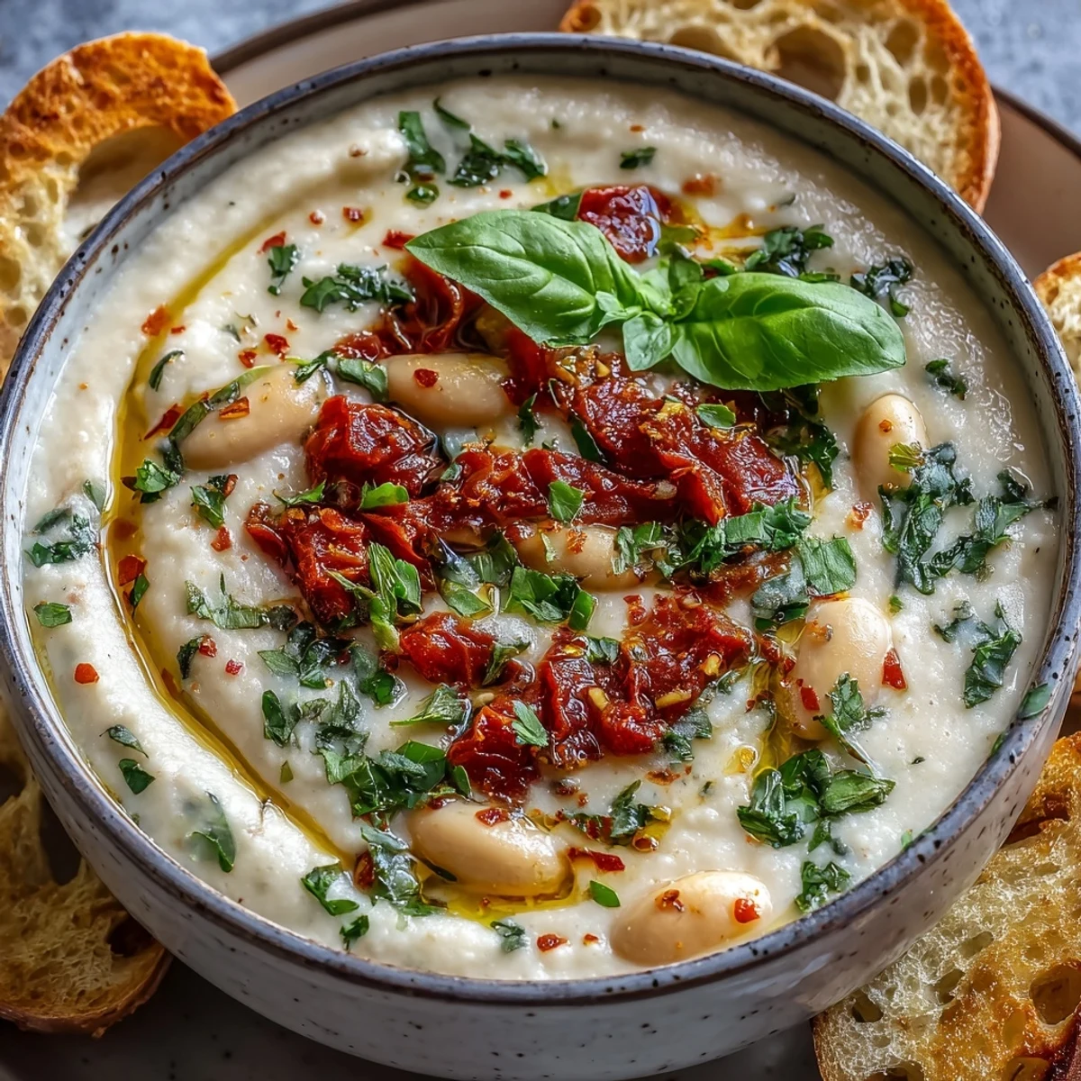 Hearty White Bean Soup with Tomato simmering in a pot, featuring diced onions and rich vegetable broth.