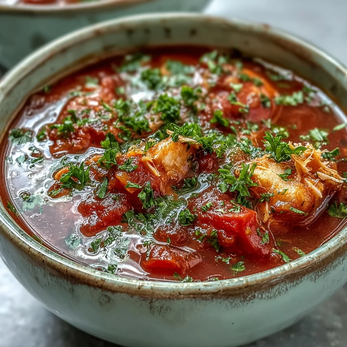 Steaming Tuna and Tomato Soup features tender tuna flakes and aromatic herbs in a rich, tomato-based broth.