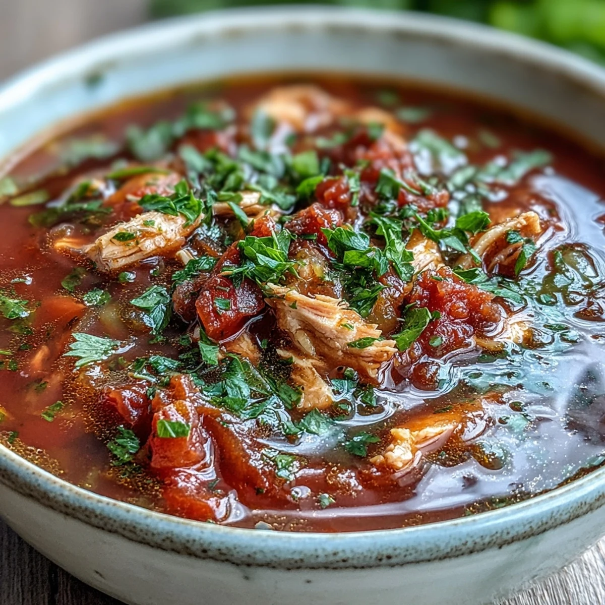 Quick Italian-inspired Tuna and Tomato Soup garnished with fresh basil, ready to serve with olive oil drizzle.