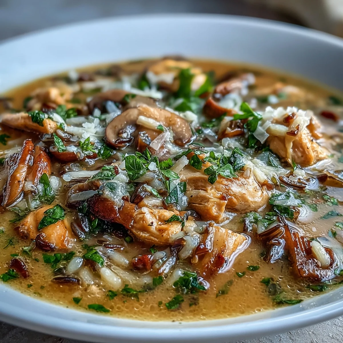 Dutch oven filled with freshly made Parmesan Mushroom Chicken and Wild Rice Soup, garnished with parsley and served alongside crusty bread.