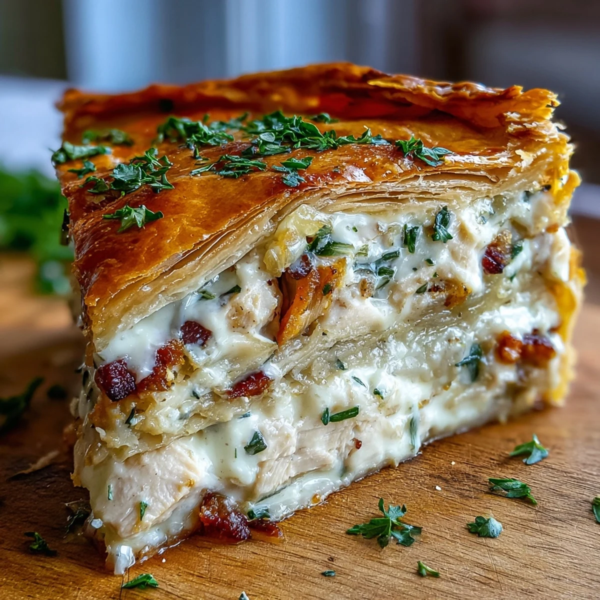 A golden, flaky Chicken and Leek Pie resting on a rustic wooden table, steam rising from the sliced wedge.