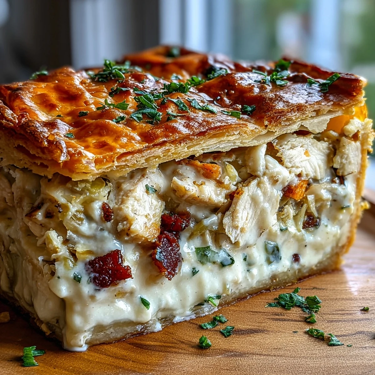 Fresh thyme sprigs garnish the bubbly Chicken and Leek Pie, revealing creamy chicken and leeks inside the buttery crust.