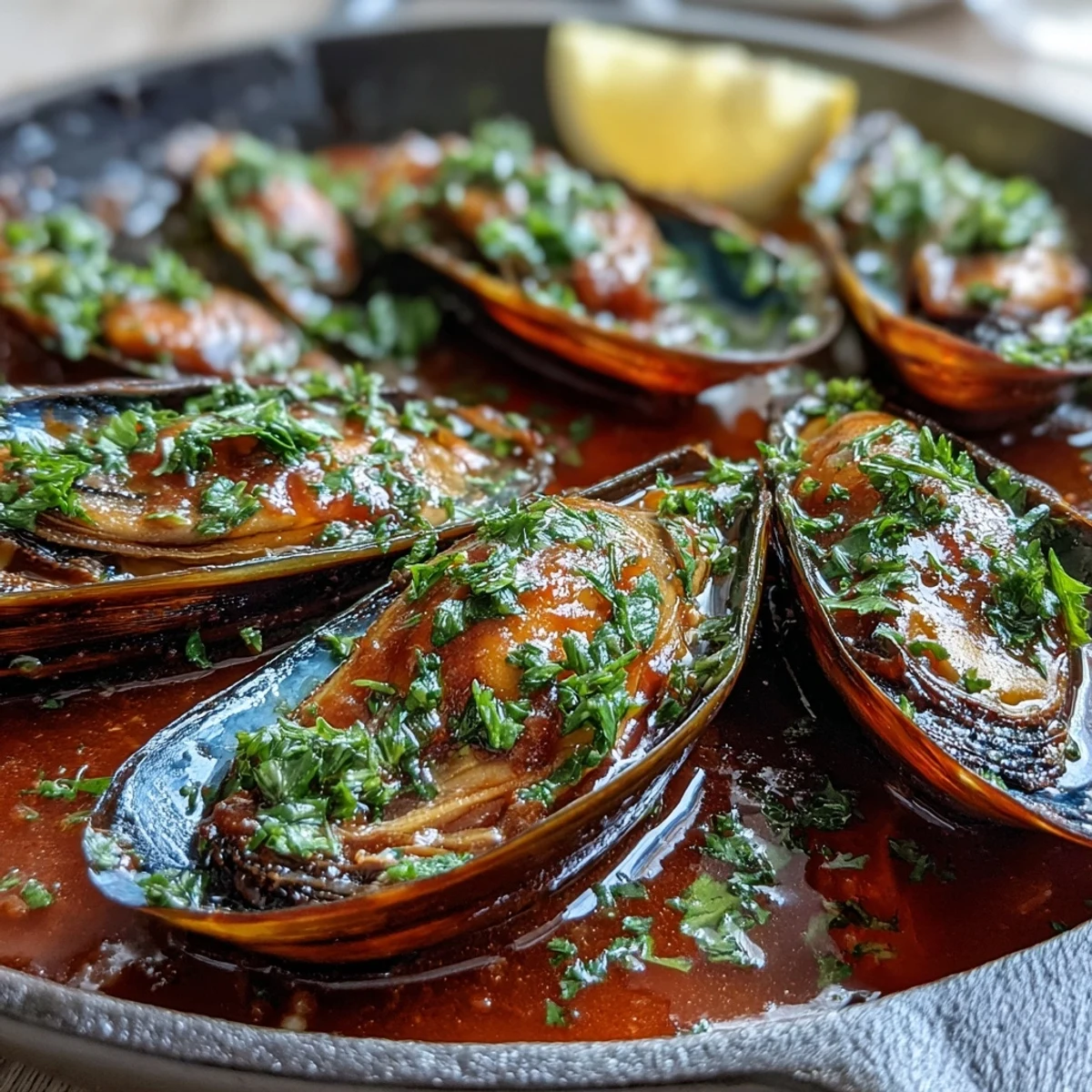 Smoky Mussels Pomodoro simmered in a rustic pot with tomato-rich broth, fresh parsley, and lemon wedges.