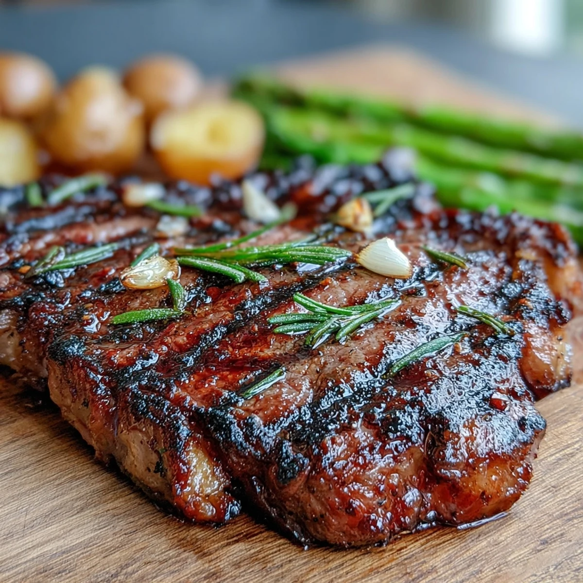 Juicy grilled bone-in rib eye steak with charred edges and fresh rosemary, paired with buttered potatoes and asparagus for a complete steak dinner.
