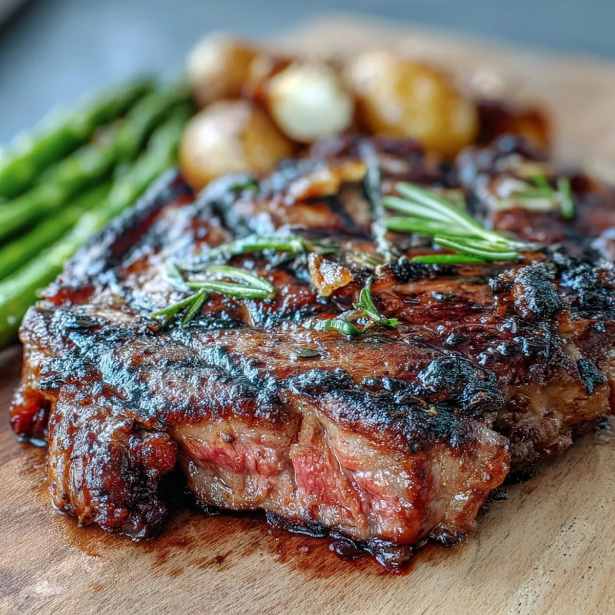 A perfectly medium-rare bone-in rib eye steak rests beside lemon wedges, grilled asparagus, and parsley butter potatoes on a rustic platter.