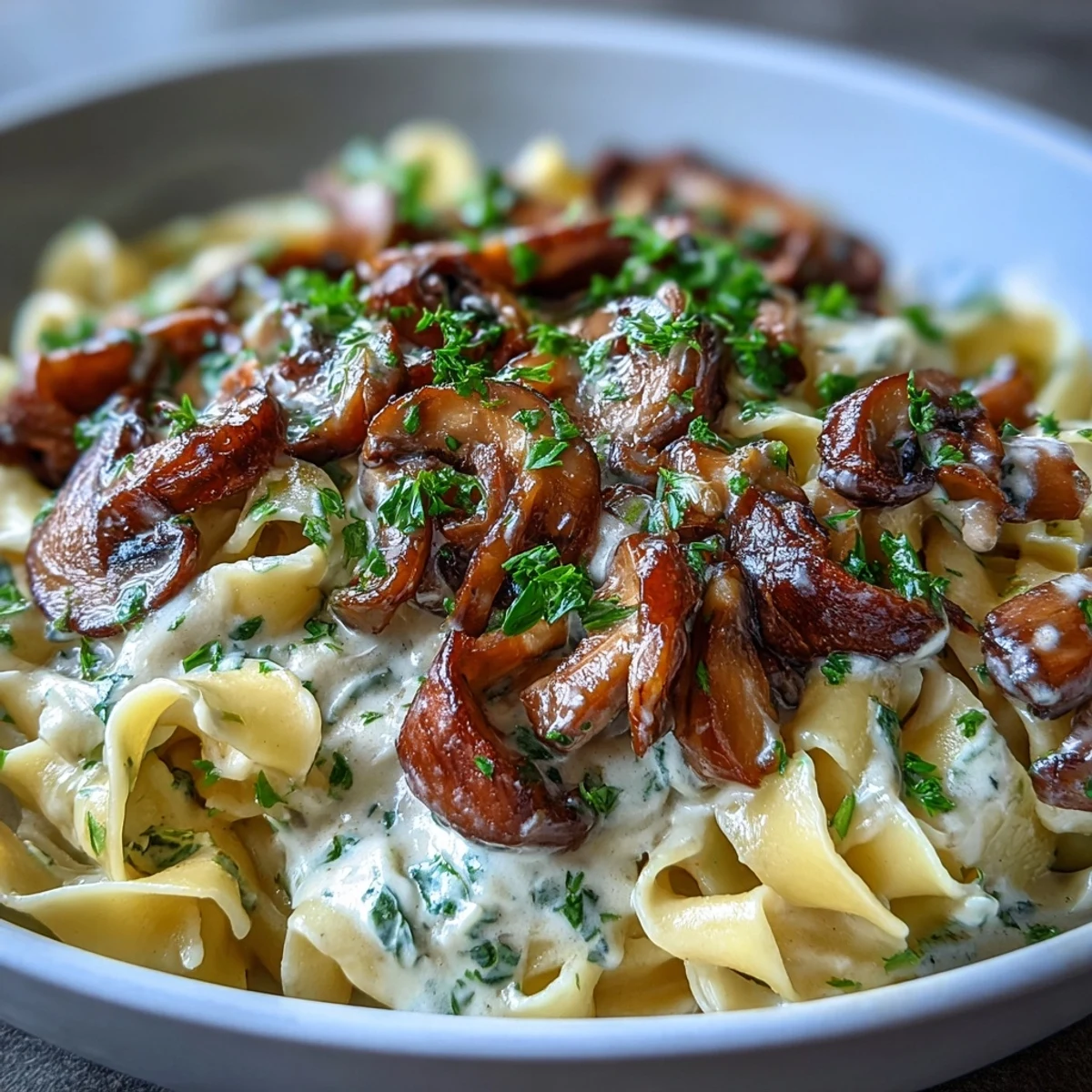 A close-up shot of Creamy Mushroom Stroganoff garnished with fresh parsley and cracked black pepper.  