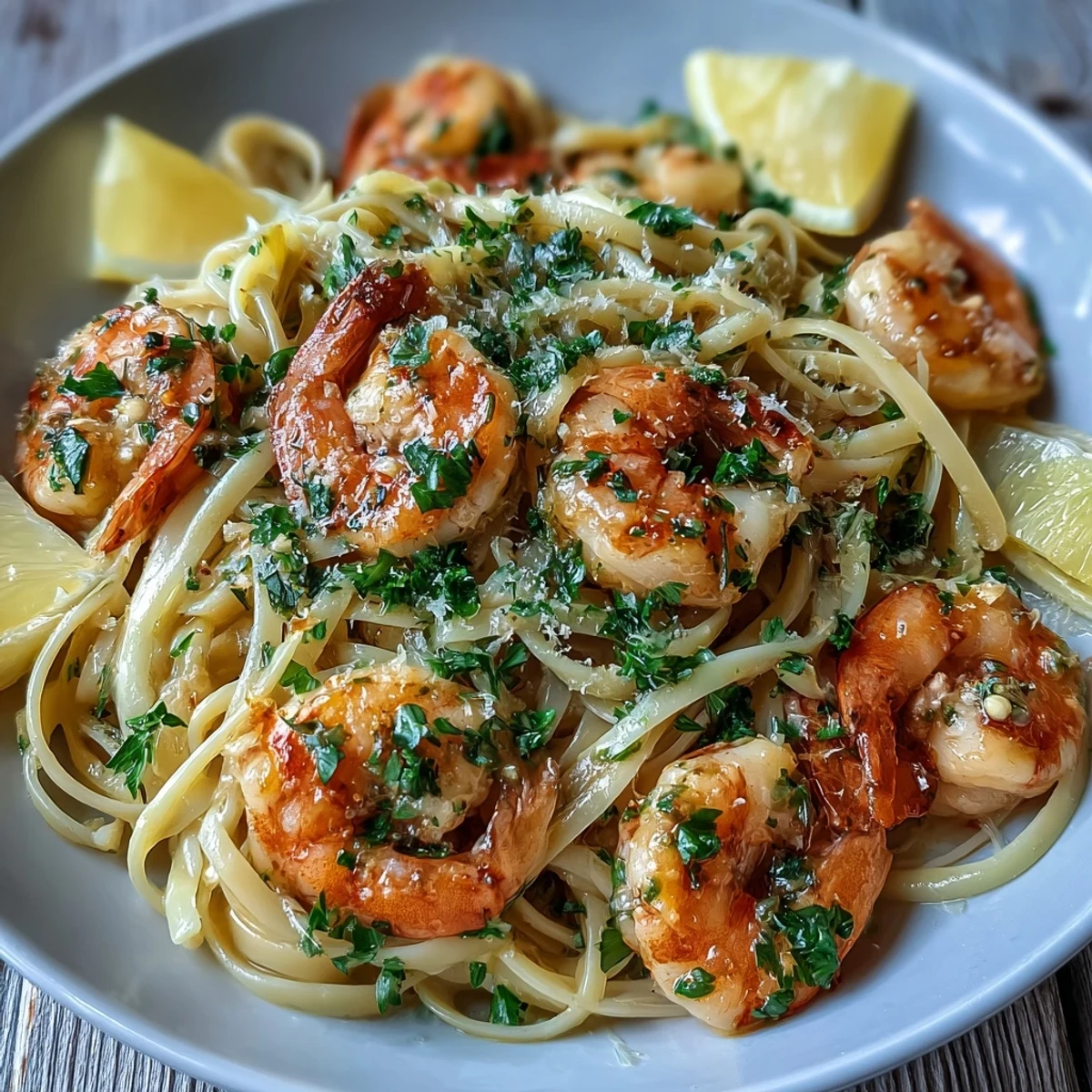 A close-up of Shrimp Scampi With Linguine featuring plump, pink shrimp draped over pasta in a glossy, garlic-infused white wine butter sauce, garnished with fresh parsley and lemon zest.