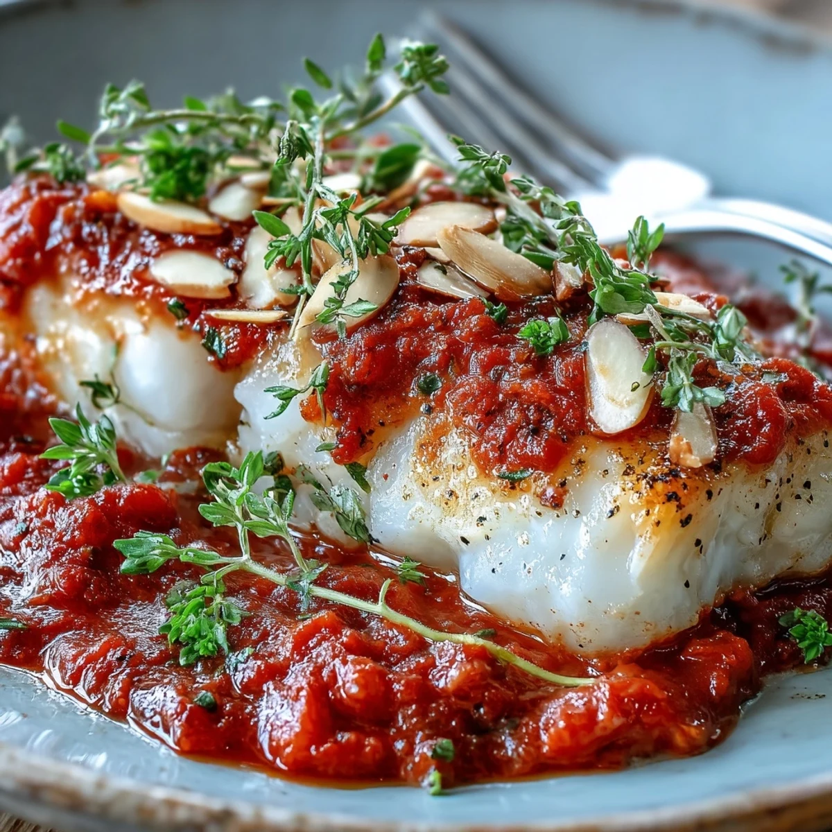 Vibrant tomato-roasted cod over aromatic ginger rice, finished with spiced almonds and chopped parsley.