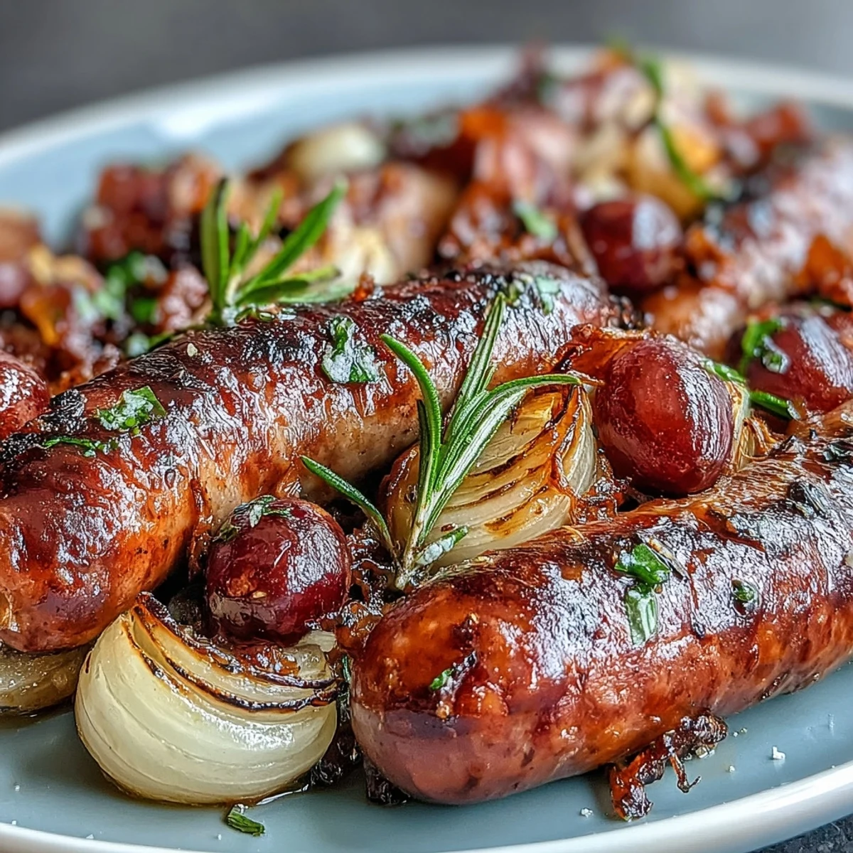 Roasted Sausage and Grapes bubbling in a pan with caramelized red onion wedges and fresh rosemary sprigs.