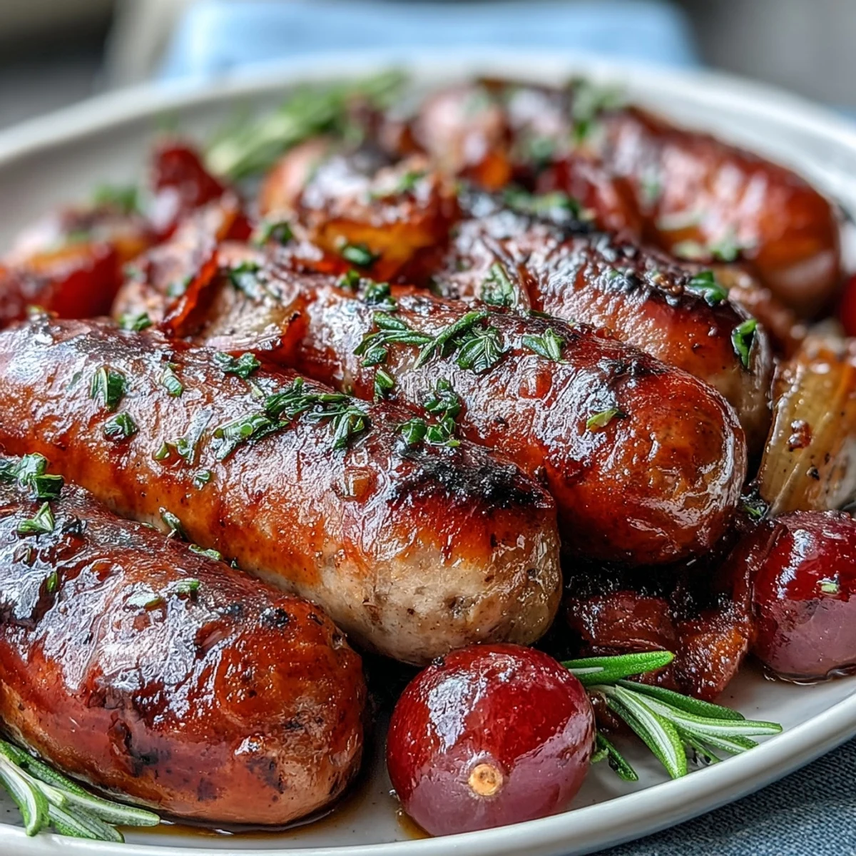 Italian-inspired Roasted Sausage and Grapes served hot over creamy polenta, garnished with fresh rosemary and juicy red grapes.