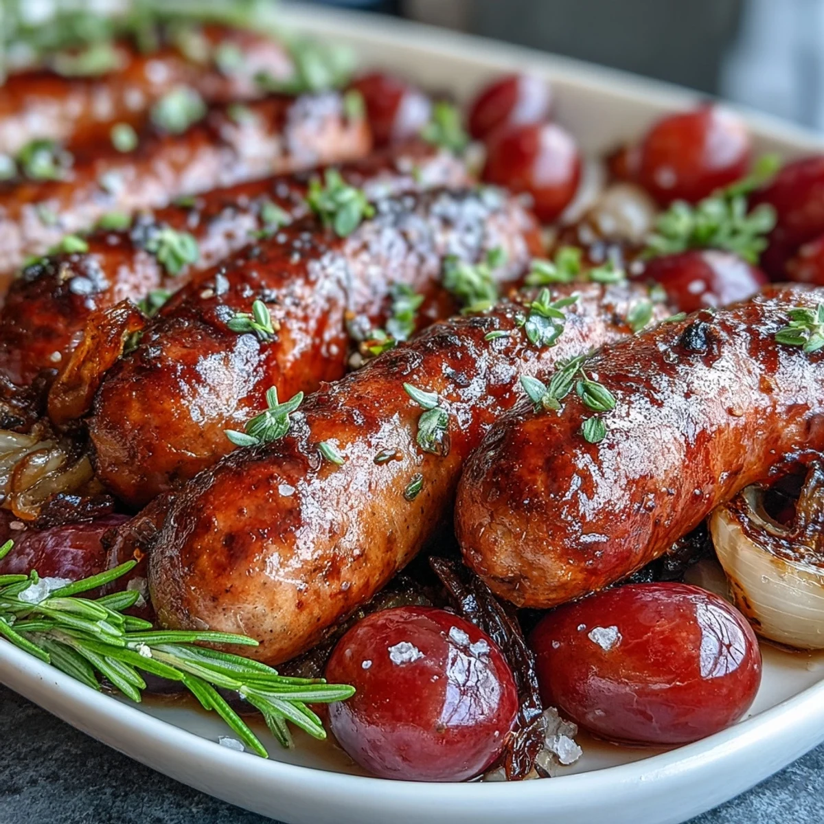 Savory Roasted Sausage and Grapes plated alongside crusty bread, perfect for soaking up the delicious pan juices.