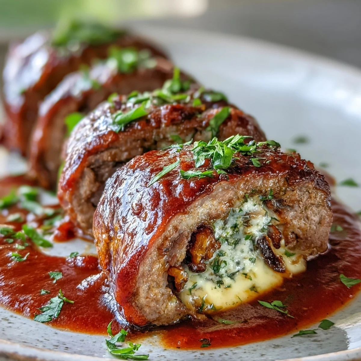 Sicilian-Style Braciole rolls seared and simmered in rich tomato sauce, served sliced on a rustic plate.