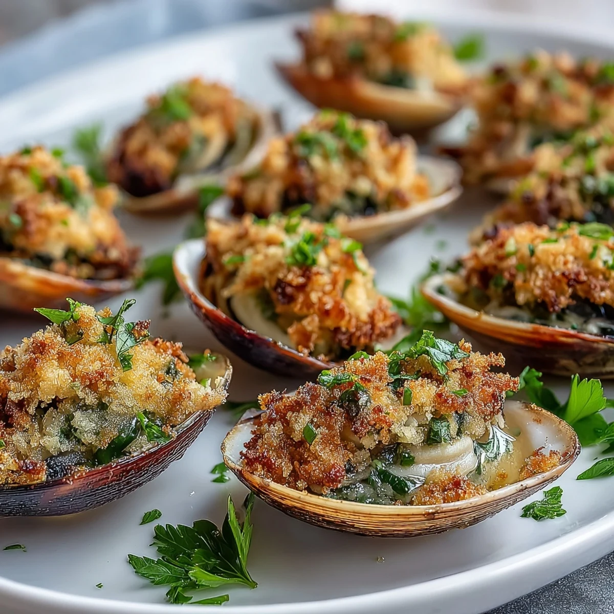Lemony panko crusted roasted clams garnished with lemon wedges, an elegant appetizer for four.