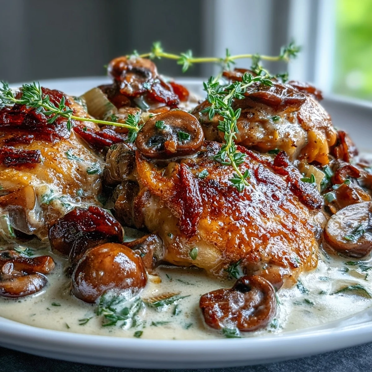 Tender, skin-on chicken thighs simmered in creamy rosé wine sauce with mushrooms, carrots, and herbs, garnished with fresh parsley.  
