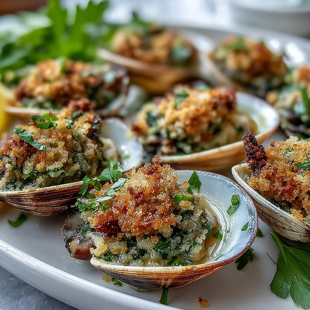 Golden, roasted clams with lemony panko breadcrumbs and fresh parsley on a baking sheet.  