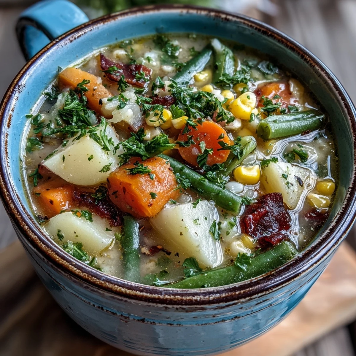 Steaming Amish Snow Day Soup ladled from a pot, served beside crusty bread for dipping.