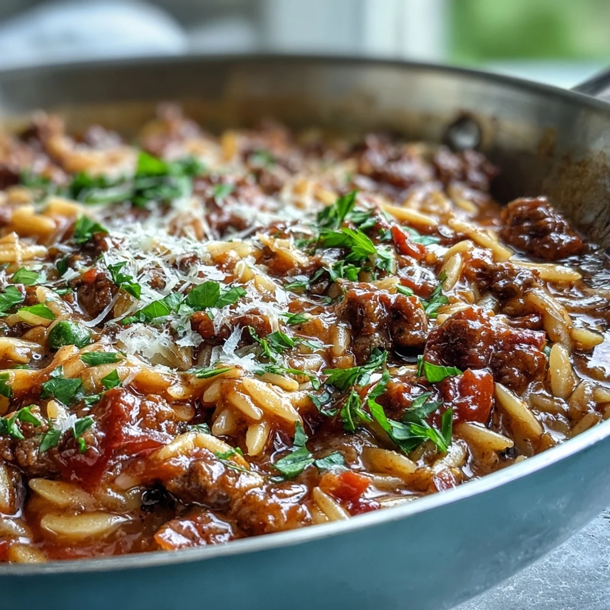Sizzling skillet of Comforting Ground Beef Orzo Dinner featuring savory beef, orzo, and peas for a weeknight meal.