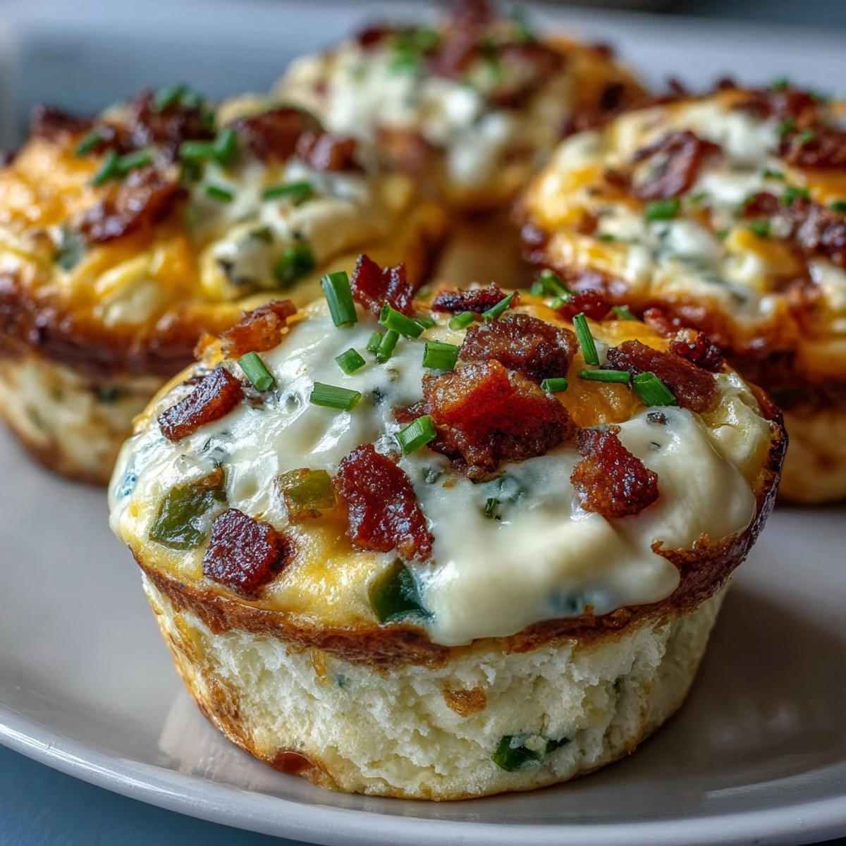 Golden-brown Breakfast Egg Muffins, baked with crispy bacon, cheddar cheese, and bell peppers, served warm on a plate.