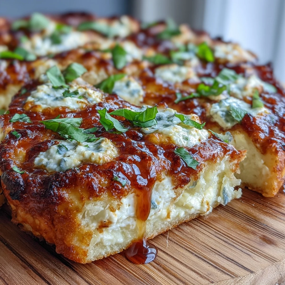 Golden-brown crust with creamy ricotta and bubbly mozzarella on this Hot Honey Ricotta Pizza topped with fresh basil.