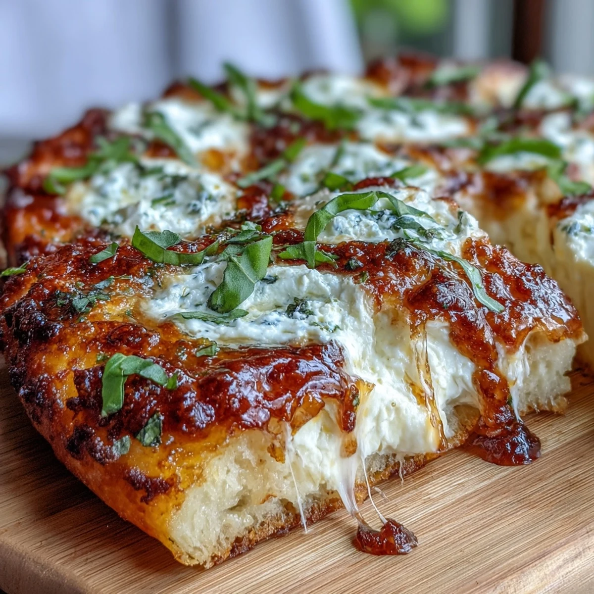 Slices of Hot Honey Ricotta Pizza with drizzled spicy honey, ready to serve alongside a crisp green salad.
