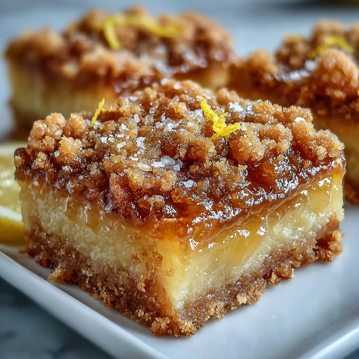 Homemade Lemon Crumb Bars sit on a white plate, showing golden crumb topping and bright yellow lemon filling.
