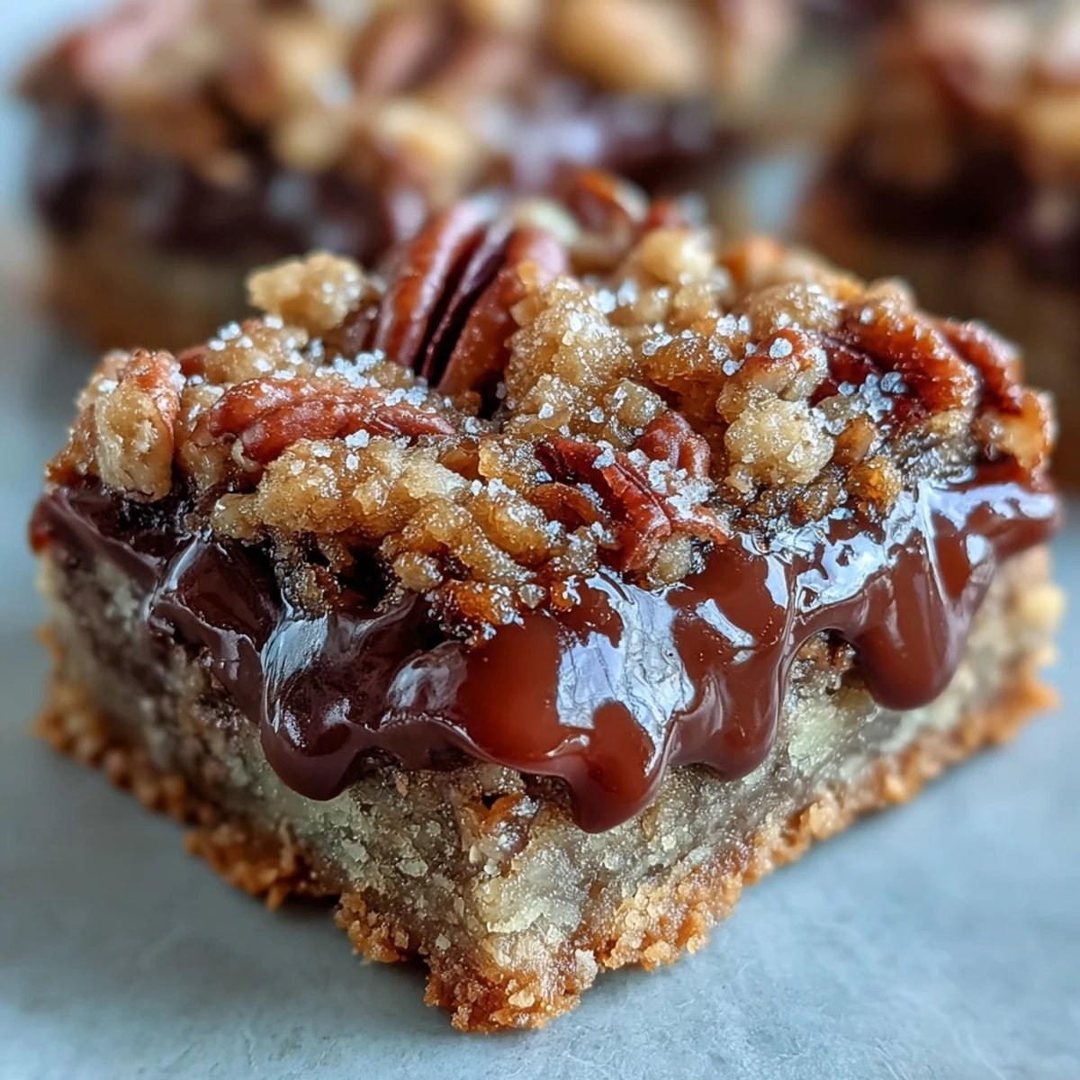 Decadent Sweet and Chewy Turtle Bars stacked on a cooling rack, crumb topping glistening.