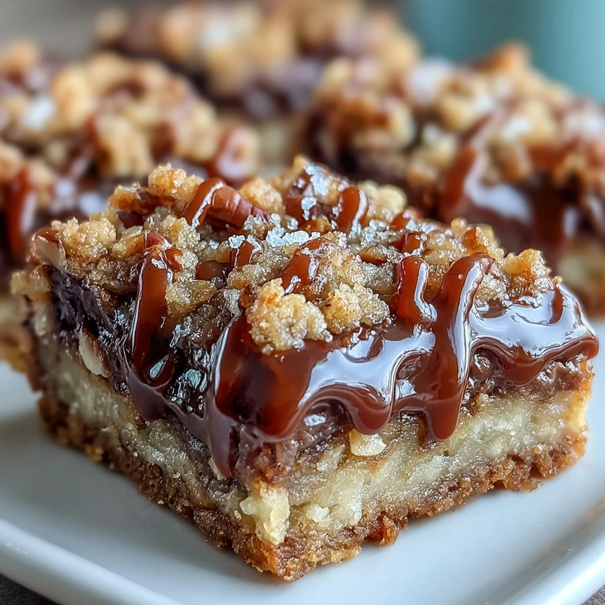 Golden-brown Decadent Sweet and Chewy Turtle Bars with gooey caramel and melted chocolate.