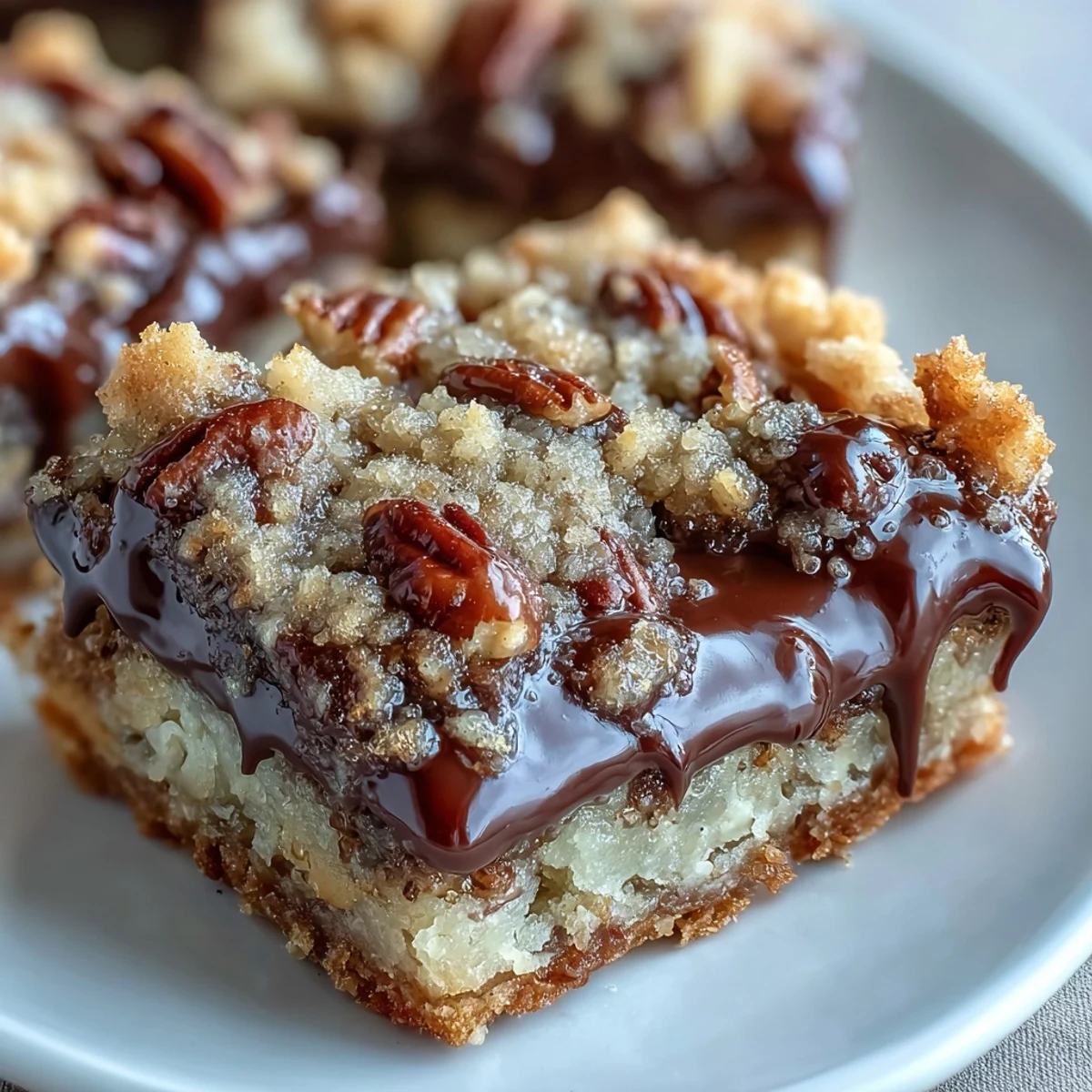 Homemade Decadent Sweet and Chewy Turtle Bars on a white plate with whole pecans.
