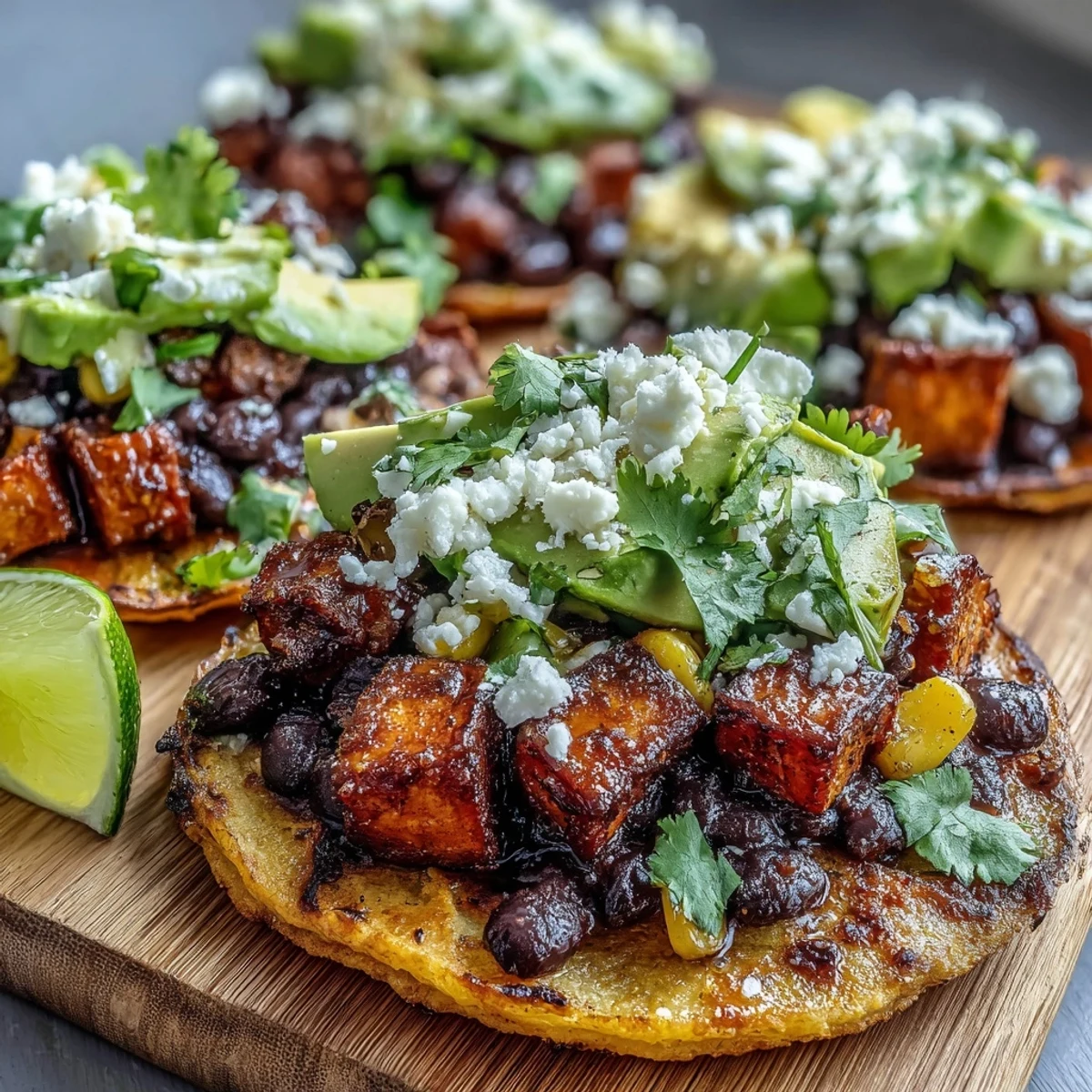 Assembled Black Bean and Sweet Potato Tostadas ready to serve, featuring a hearty scoop of black bean and corn mixture.
