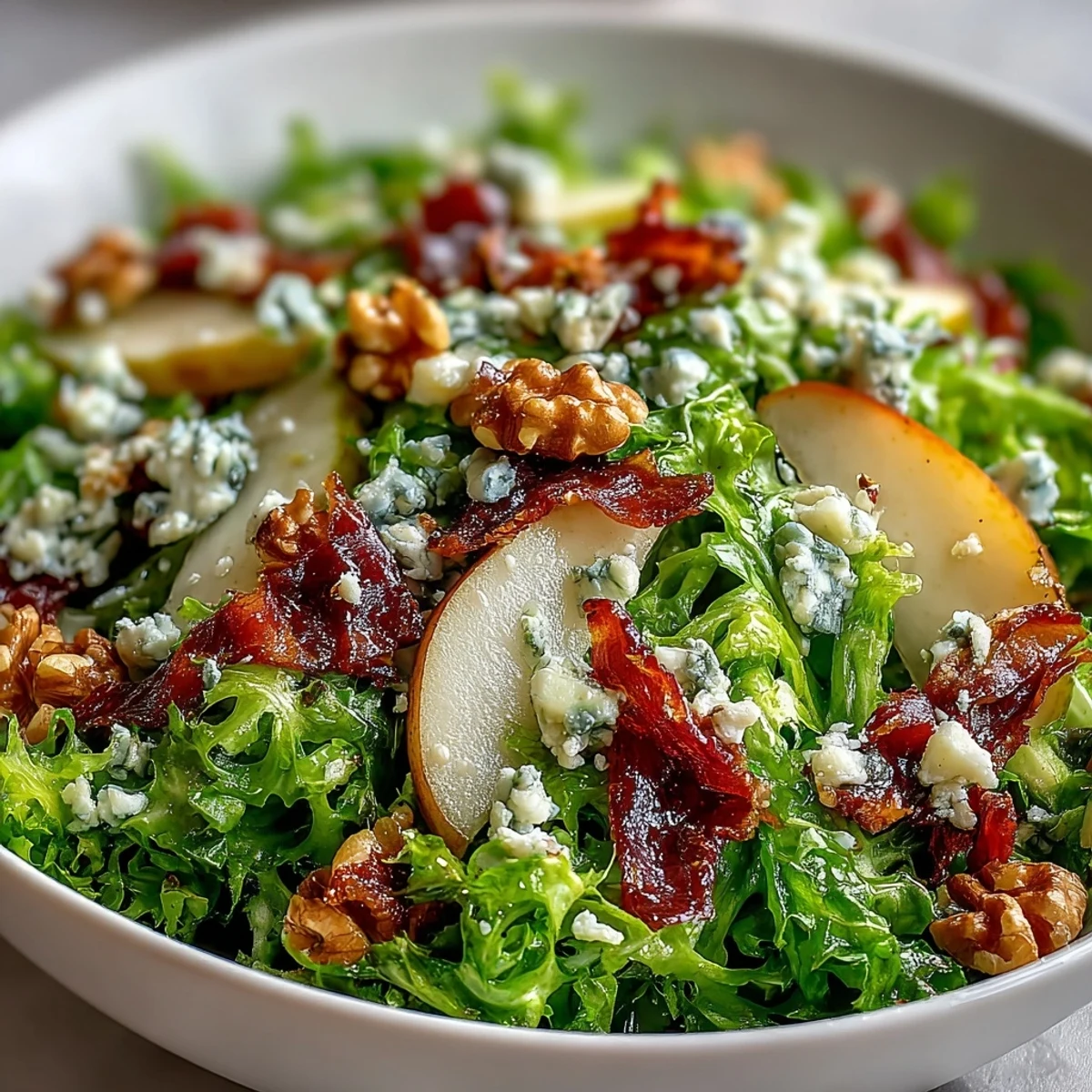 A vibrant Frisée Pear Blue Cheese Bowl salad with crisp frisée, juicy pear slices, and crumbled blue cheese topped with crispy prosciutto.