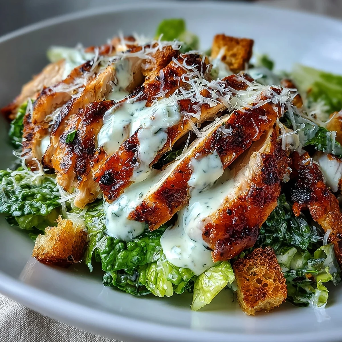 Sliced grilled chicken and parmesan cheese are piled onto romaine lettuce with croutons and creamy Caesar dressing for a hearty meal.  