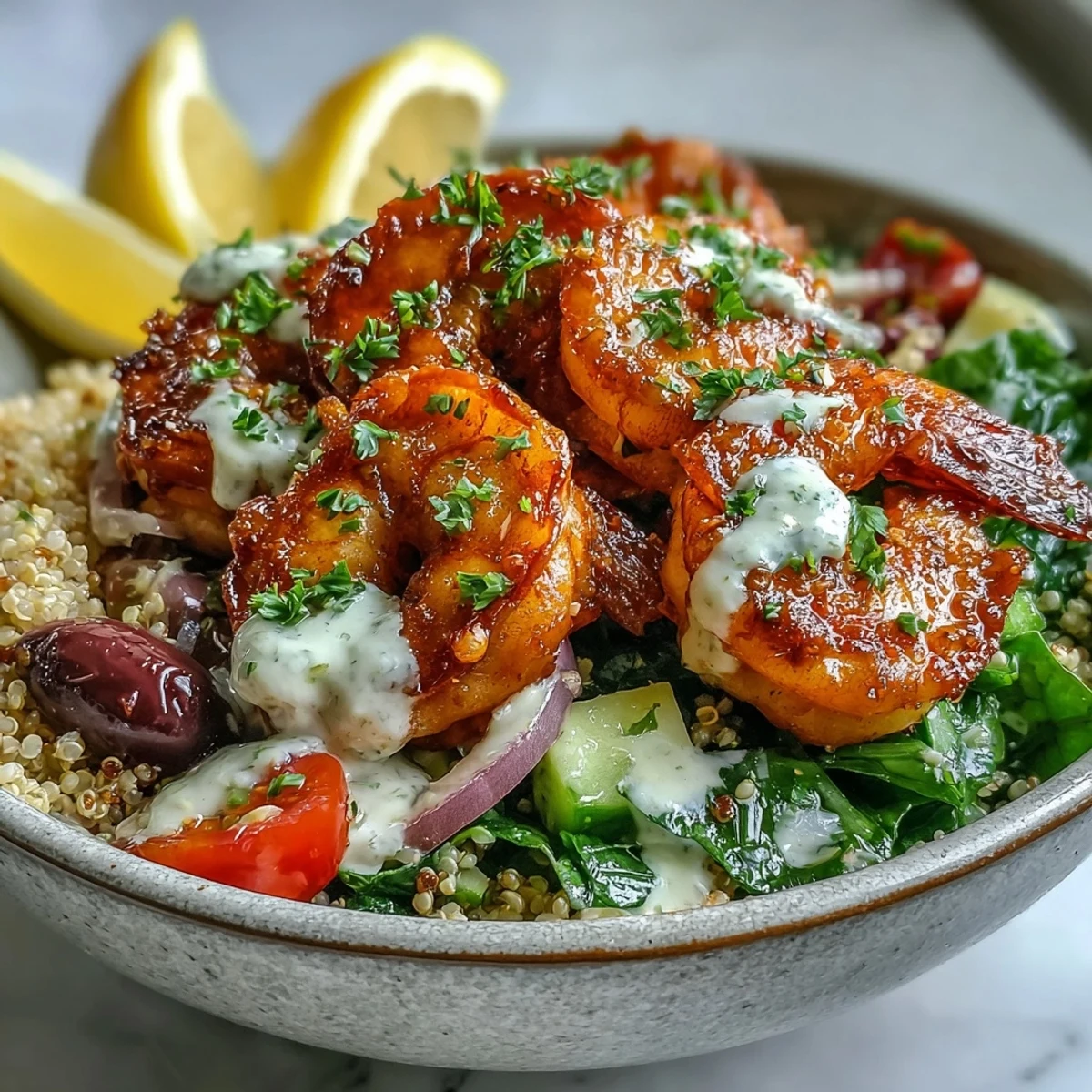 A vibrant Mediterranean Shrimp Bowl with sautéed shrimp, cherry tomatoes, cucumbers, and olives over quinoa, drizzled with creamy tahini sauce and garnished with parsley.