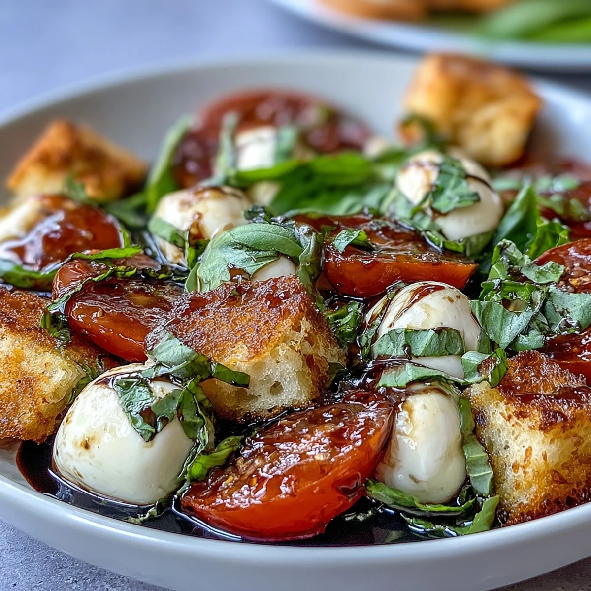 A vibrant Caprese Salad Bowl showcases juicy heirloom tomatoes, creamy mozzarella balls, fresh basil, and crispy toasted bread chunks.