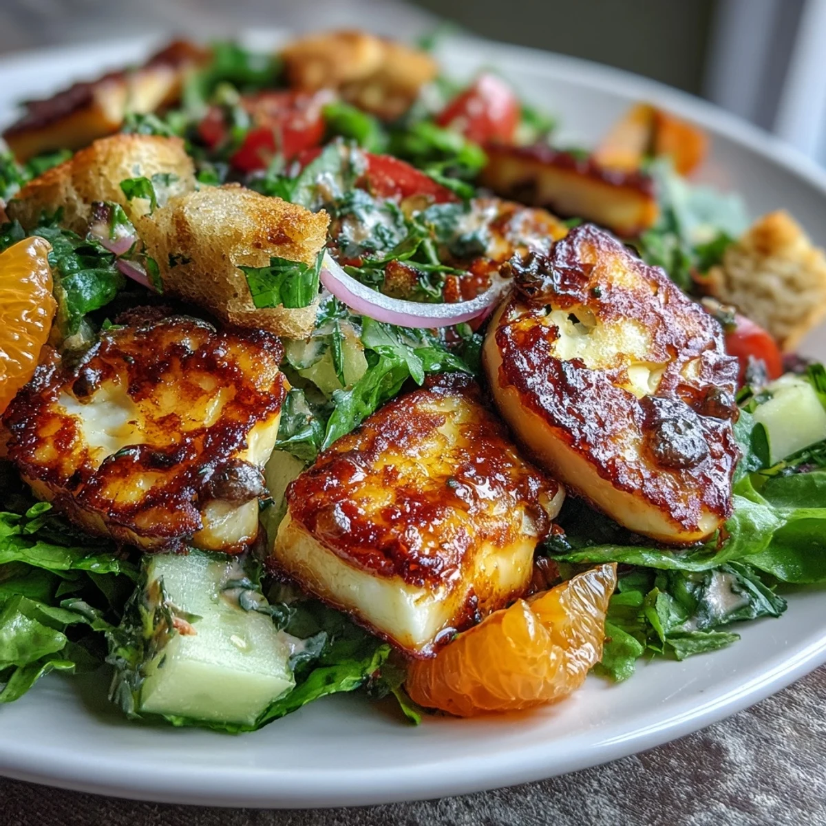 Golden-fried halloumi cheese and juicy blood orange segments top a vibrant bed of fresh salad greens with crispy sourdough croutons.