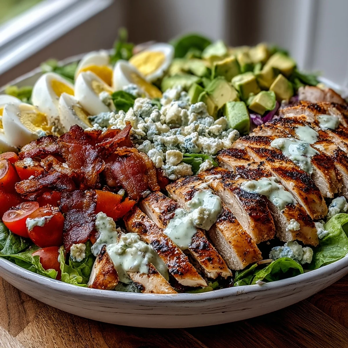 A vibrant Cobb Salad Bowl with grilled chicken, crispy bacon, avocado, blue cheese, and eggs on fresh greens.  