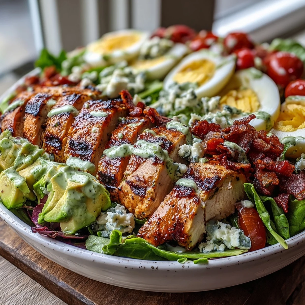 This classic Cobb Salad Bowl showcases colorful rows of veggies and proteins drizzled with creamy ranch dressing.  