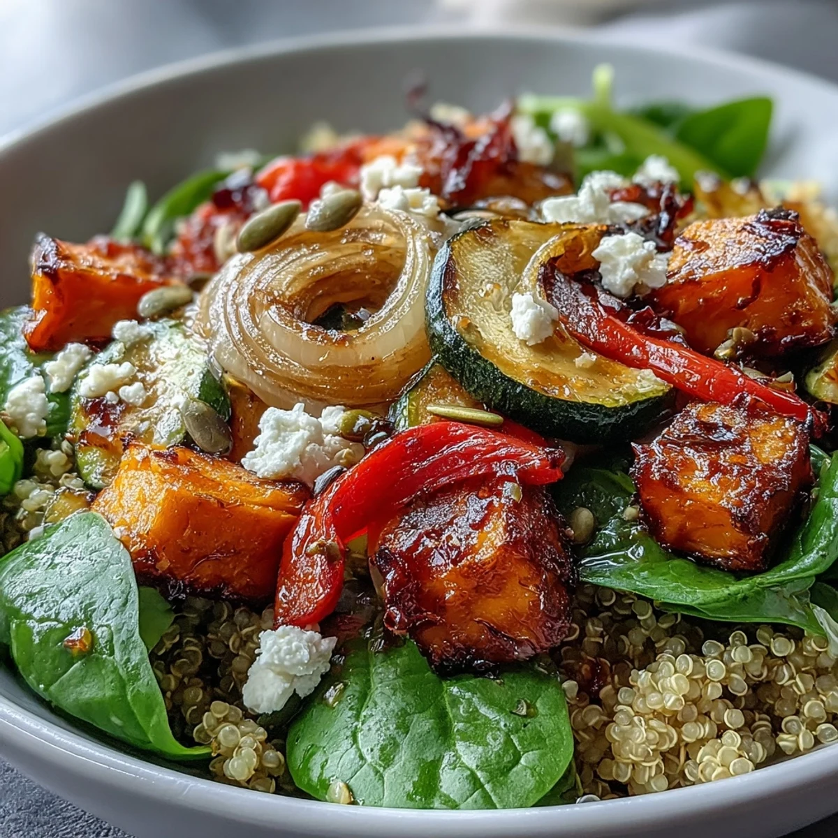 Steaming Warm Salad Bowl with roasted sweet potato and red bell pepper served over grains and wilted spinach.