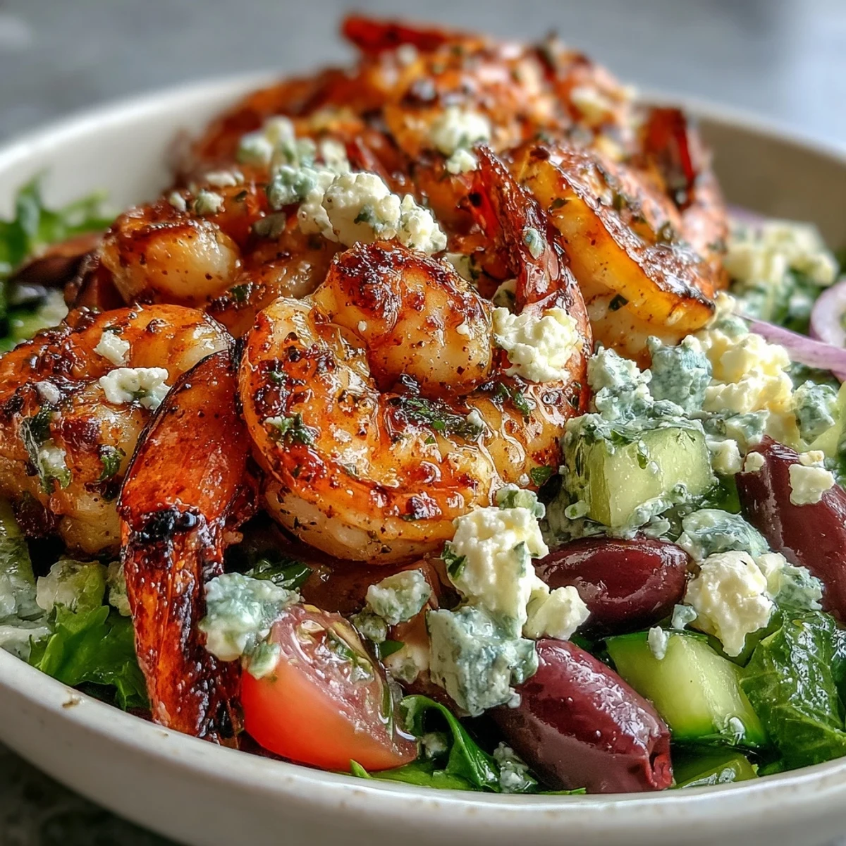Colorful Greek Shrimp Bowl with juicy grilled shrimp, crisp vegetables, and a lemony dressing.