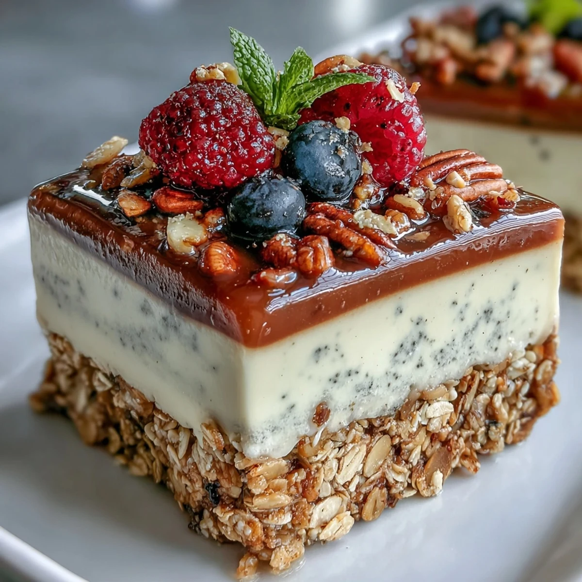 A single glass of Hojicha Panna Cotta Parfait showcasing the creamy, caramel-hued tea custard topped with red berries and granola.  